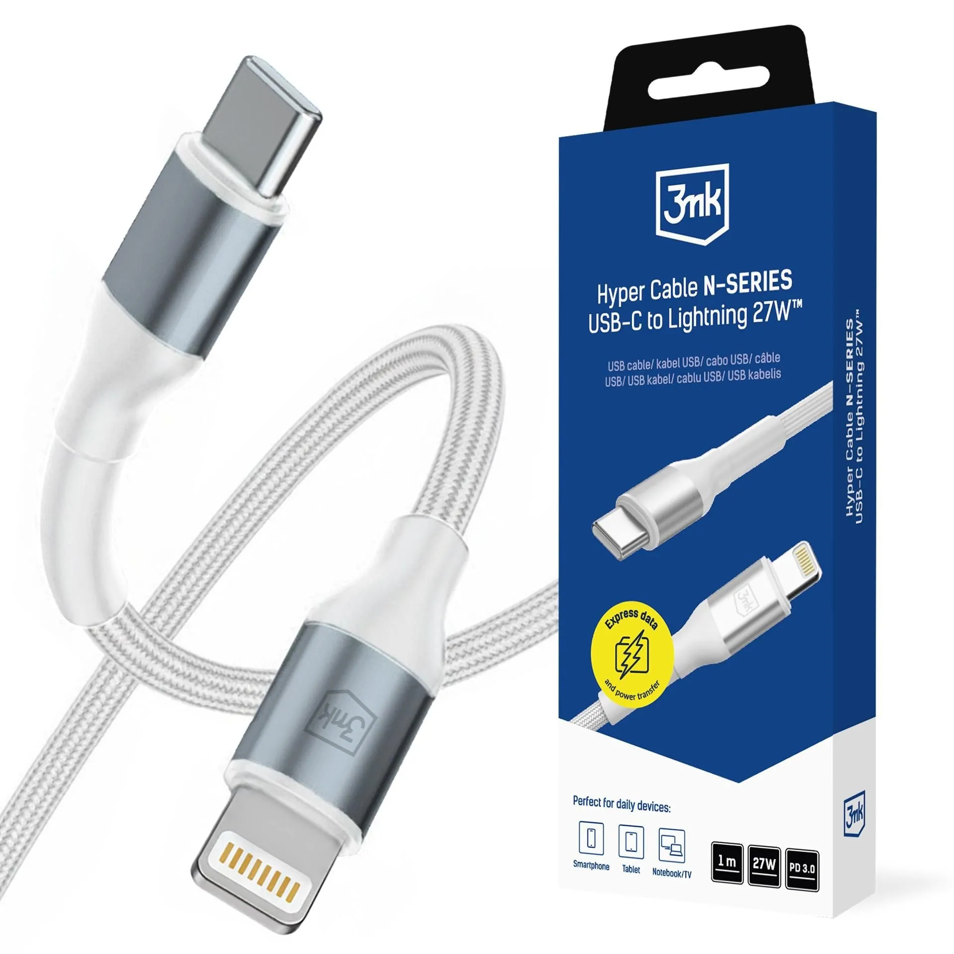Cavo Dati e Ricarica USB-C - Lightning 3MK Hyper N, 27W, 1m, Bianco - immagine 1
