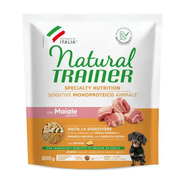 Natural Trainer Speciality Nutrition Sensitive Monoproteico Small&Toy Adult con Maiale e cereali integrali 800 gr - Crocchette monoproteiche cane - immagine 1