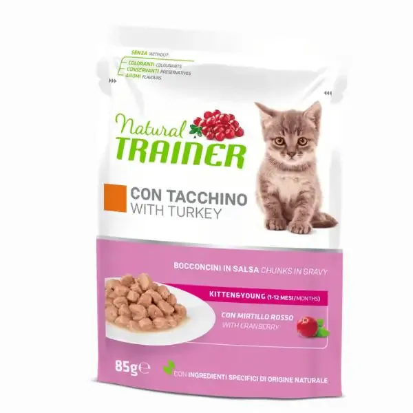 Natural Trainer Kitten&Young Bocconcini in salsa 85 gr Tacchino - confezione da 12 pezzi - Cibo umido per gatti - immagine 1