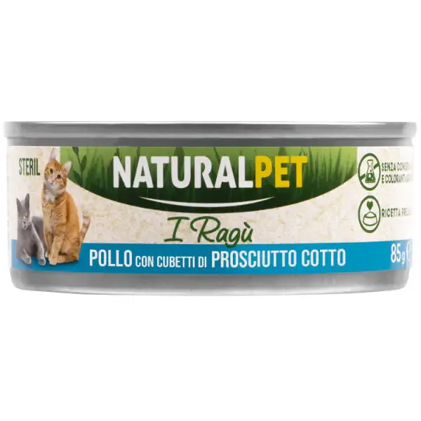 NaturalPet Cat Adult Deliziosi Ragù di carne 85 gr Pollo con cubetti di prosciutto cotto - confezione da 6 pezzi - immagine 1