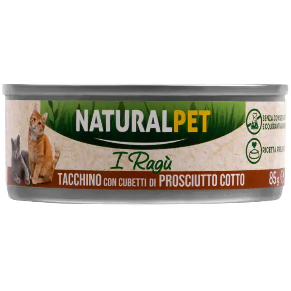NaturalPet Cat Adult Deliziosi Ragù di carne 85 gr Tacchino con cubetti di prosciutto cotto - confezione da 6 pezzi - immagine 1