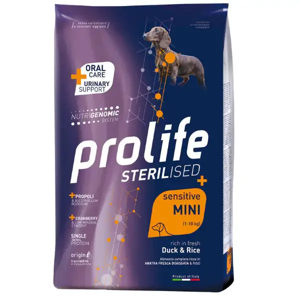Prolife Sterilised Sensitive Mini Adult Monoproteico Anatra e Riso 600 gr - Crocchette monoproteiche cane - immagine 1