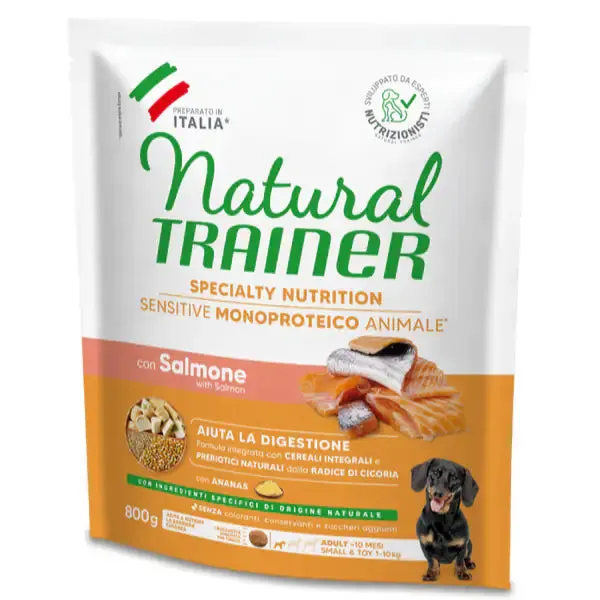 Natural Trainer Speciality Nutrition Sensitive Monoproteico Small&Toy Adult con Salmone e cereali integrali 800 gr - Crocchette monoproteiche cane - immagine 1
