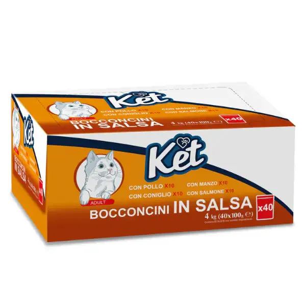 Ket Adult Bocconcini in salsa multipack 40x100 gr 10x Pollo 10x Coniglio 10x Manzo 10x Salmone - immagine 1
