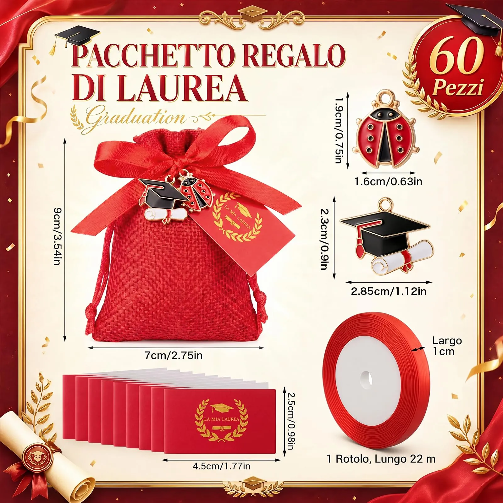 BBTO 60 Bomboniere Laurea Rosso Sacchetti di Juta, Cappello di Laurea - immagine 2