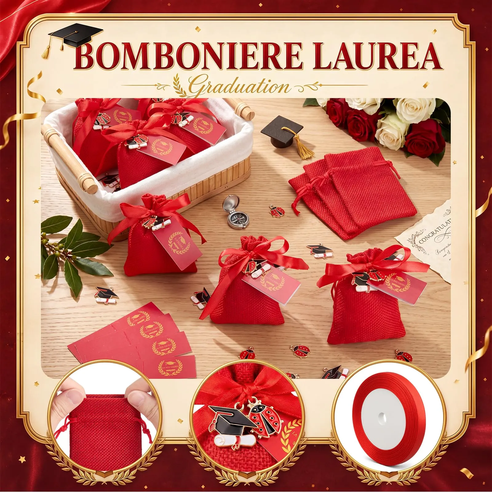 BBTO 60 Bomboniere Laurea Rosso Sacchetti di Juta, Cappello di Laurea - immagine 3