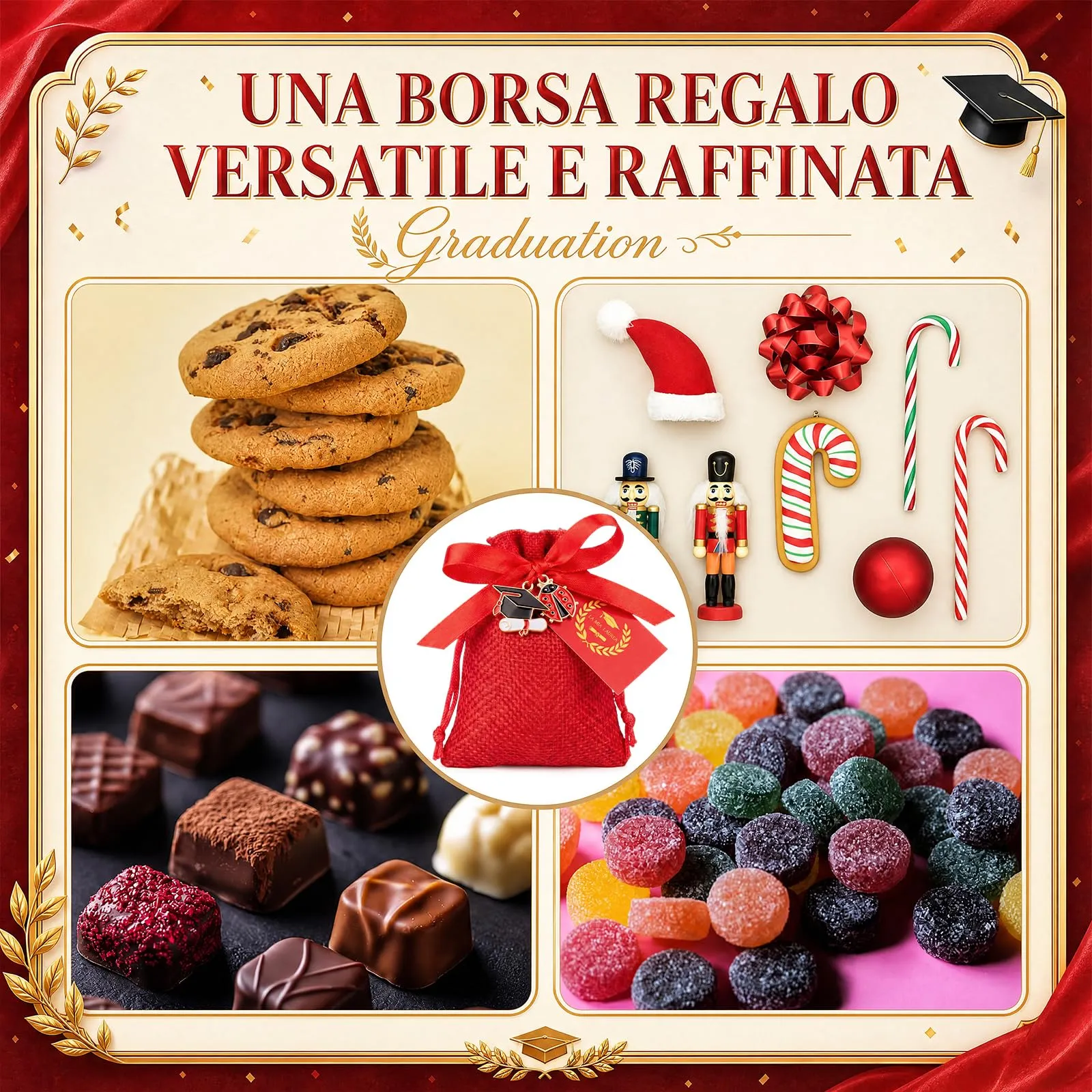 BBTO 60 Bomboniere Laurea Rosso Sacchetti di Juta, Cappello di Laurea - immagine 6