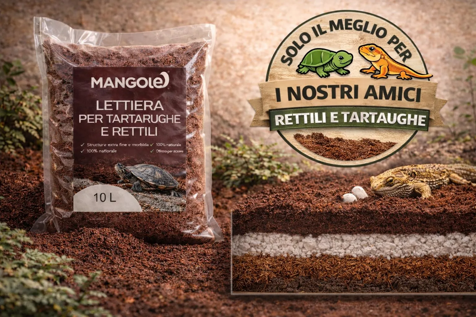 MANGOLè Lettiera per Tartarughe e Rettili 10 L Substrato Naturale per Terrari Terriccio Fine per Interramento e Deposizione Uova Made in Italy - immagine 2