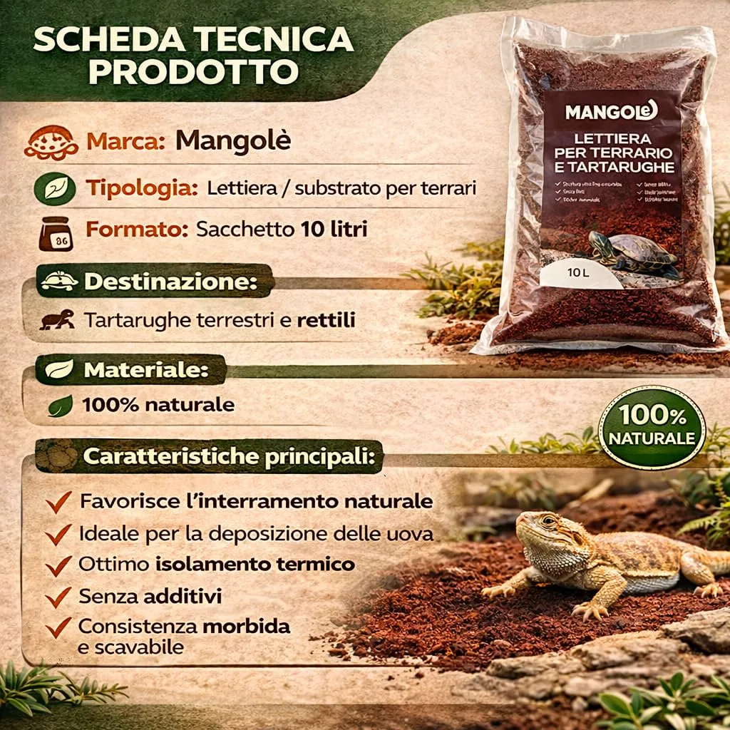 MANGOLè Lettiera per Tartarughe e Rettili 10 L Substrato Naturale per Terrari Terriccio Fine per Interramento e Deposizione Uova Made in Italy - immagine 5