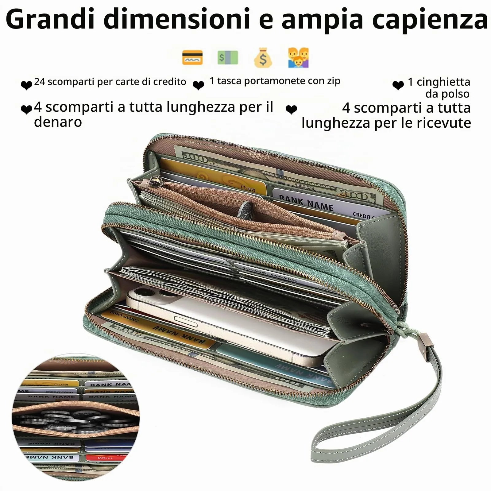GAEKEAO Portafoglio Donna Grande, Portamonete Donna con Doppia Cerniera - immagine 2