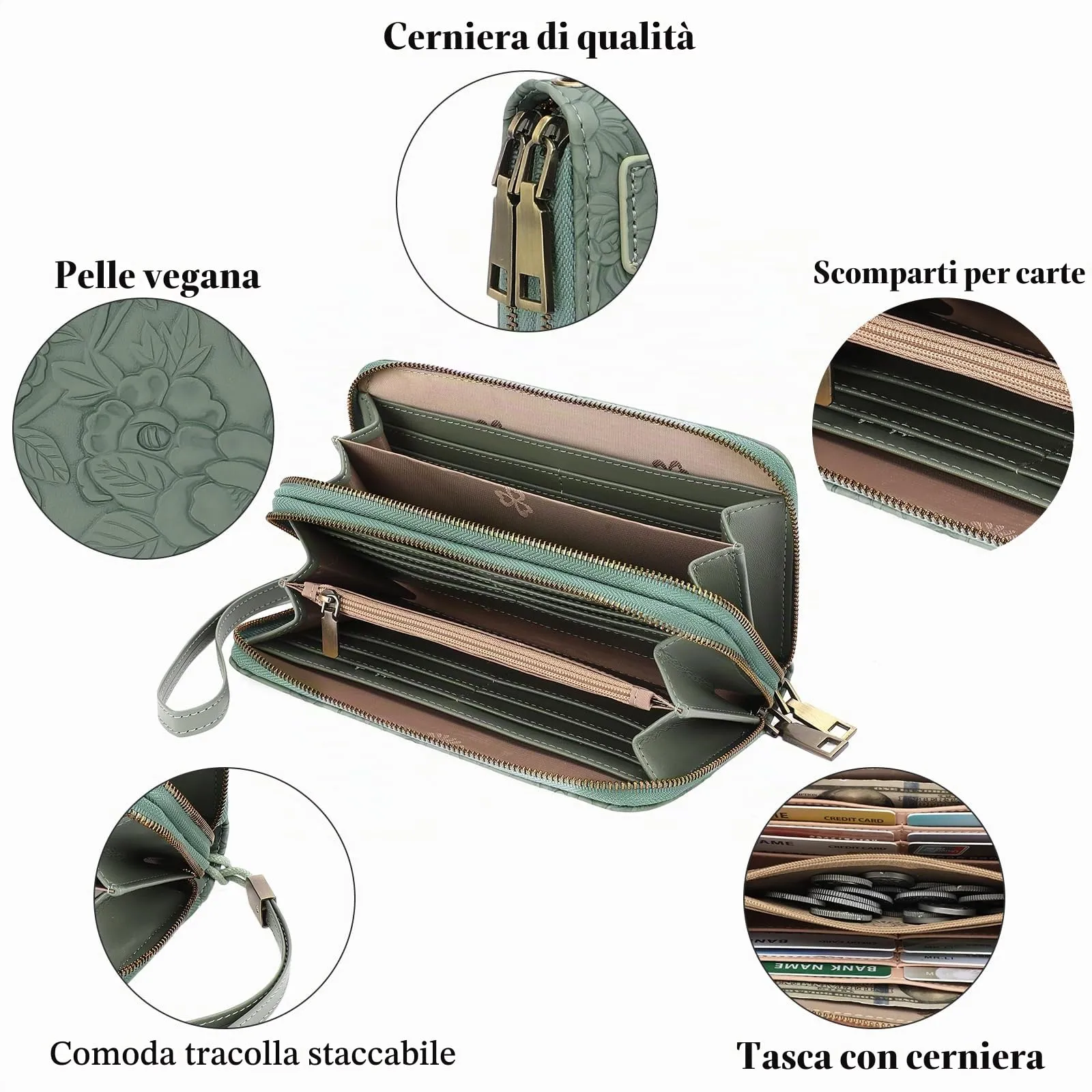 GAEKEAO Portafoglio Donna Grande, Portamonete Donna con Doppia Cerniera - immagine 4