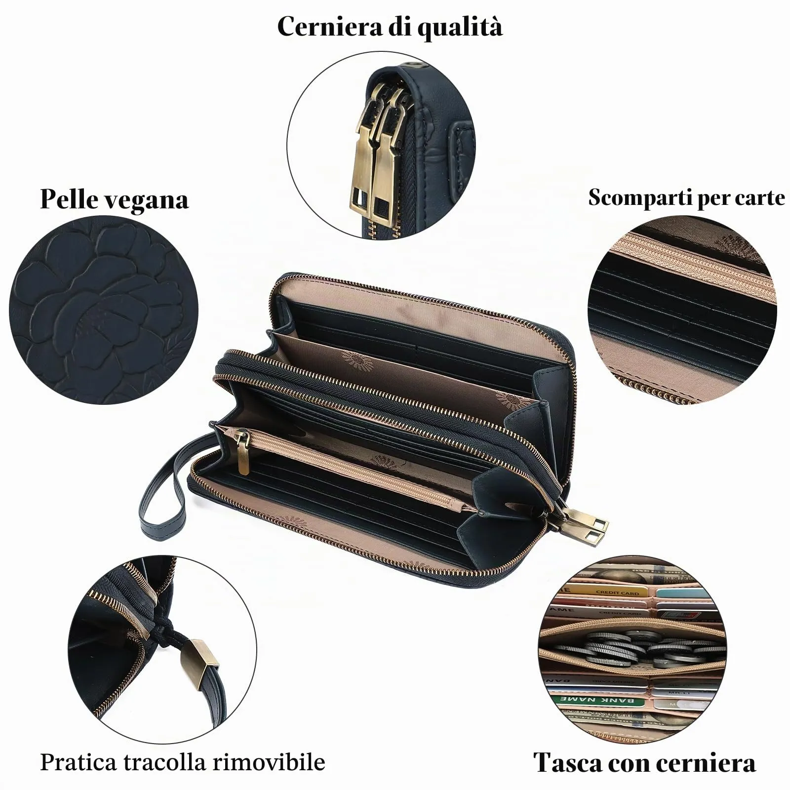 GAEKEAO Portafoglio Donna Grande, Portamonete Donna con Doppia Cerniera - immagine 4