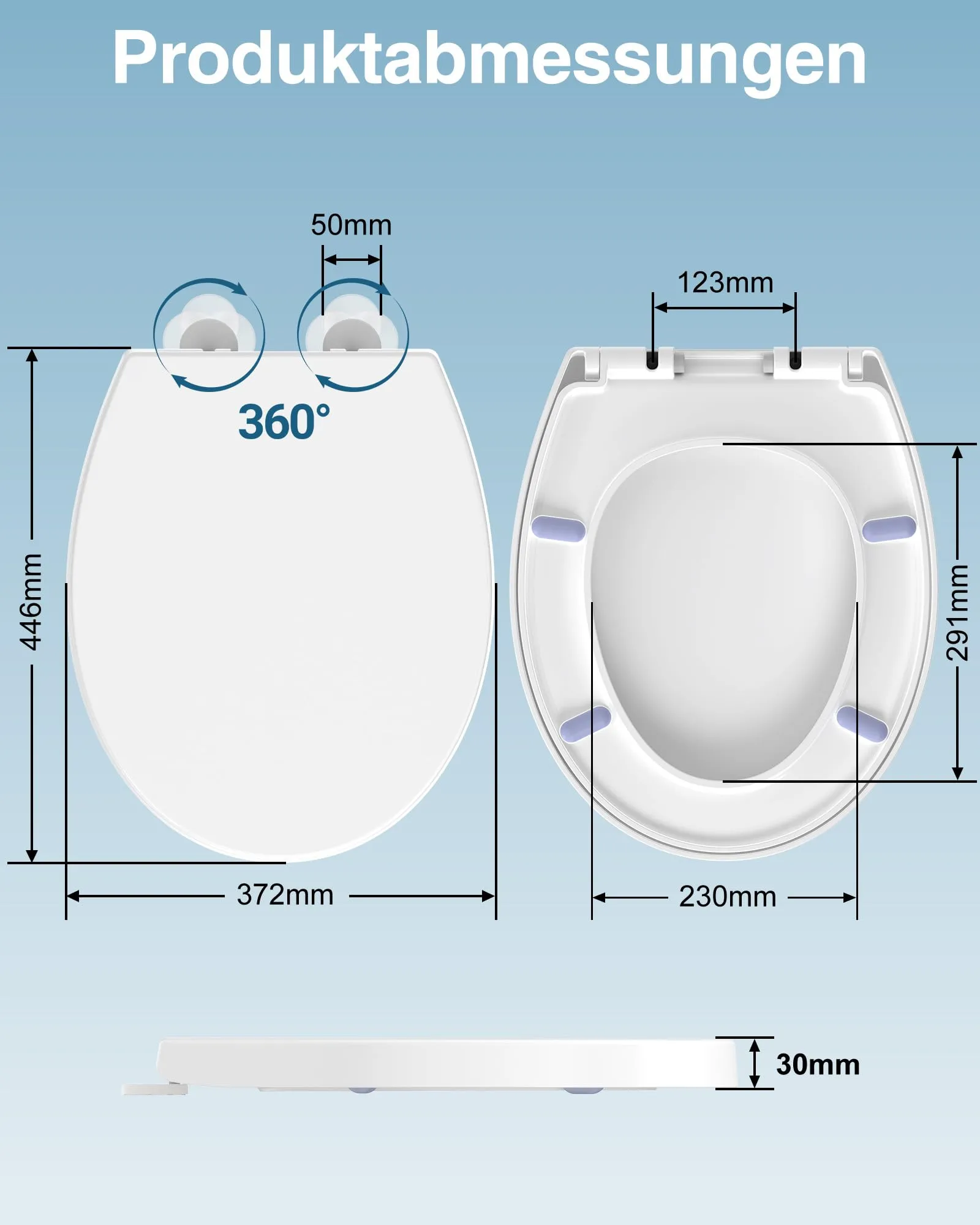 YEAUPE PRO Coperchio per WC con abbassamento automatico, facile da montare, resistente ai raggi UV, funzione Quick Release, occhialini ovali, coperchio del WC rimovibile, con stencil di installazione - immagine 2