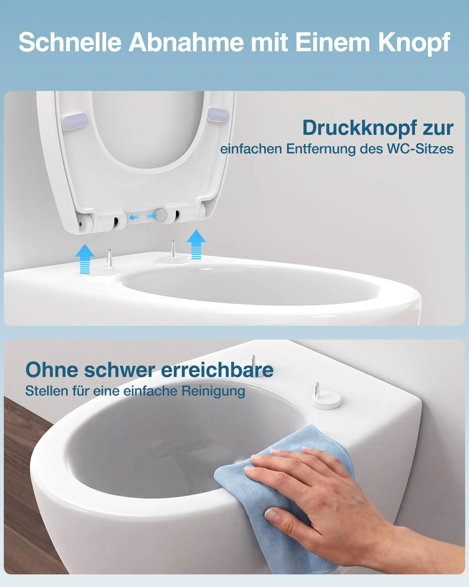 YEAUPE PRO Coperchio per WC con abbassamento automatico, facile da montare, resistente ai raggi UV, funzione Quick Release, occhialini ovali, coperchio del WC rimovibile, con stencil di installazione - immagine 6
