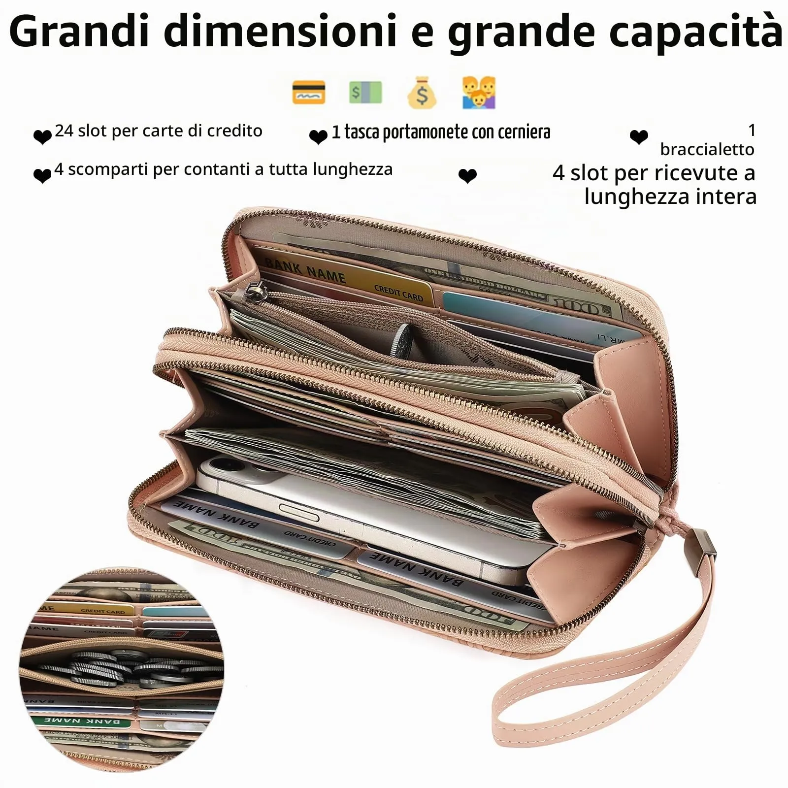 GAEKEAO Portafoglio Donna Grande, Portamonete Donna con Doppia Cerniera - immagine 2
