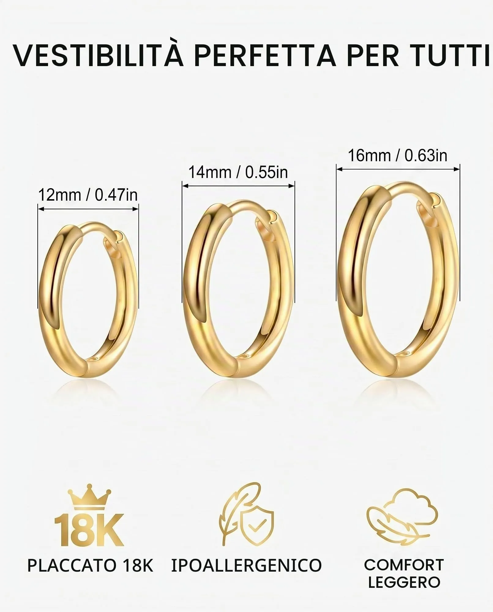 YIPFEN Orecchini a Cerchio 3 Paia Set Oro 18K (3 Misure) Ipoallergenici, Leggeri. Versatili per Donna Uomo, Ideali Regalo. - immagine 4