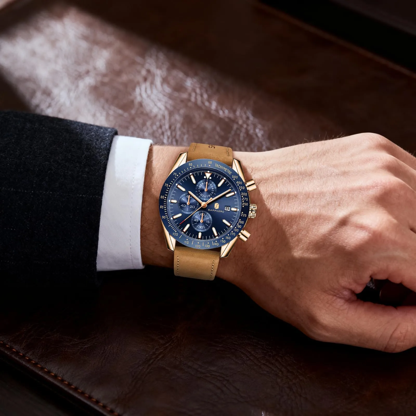 BY BENYAR Orologi da Uomo Analogico al Quarzo Cronografo Impermeabile Orologi da Uomo Business Casual Moda Classica Designer Elegante Orologio con Calendario Pelle, Cinghia - immagine 3