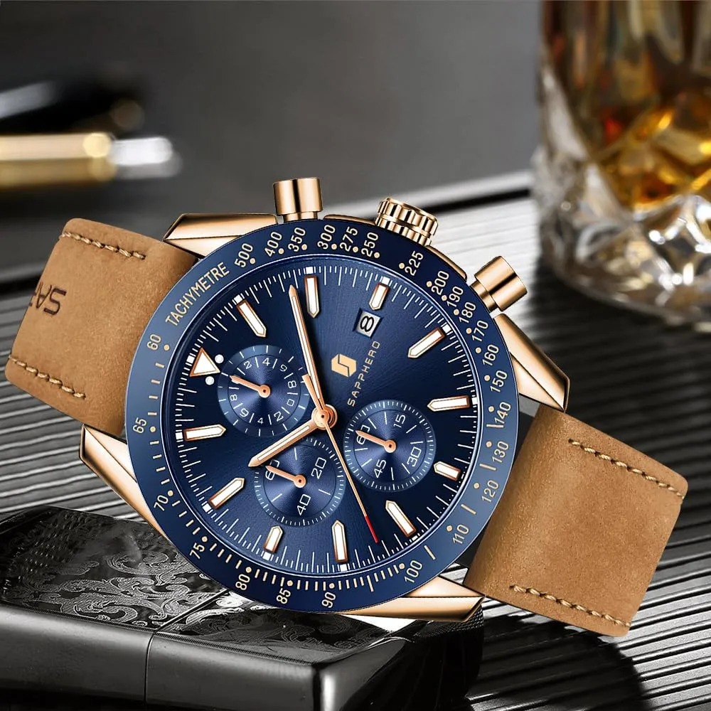 BY BENYAR Orologi da Uomo Analogico al Quarzo Cronografo Impermeabile Orologi da Uomo Business Casual Moda Classica Designer Elegante Orologio con Calendario Pelle, Cinghia - immagine 4