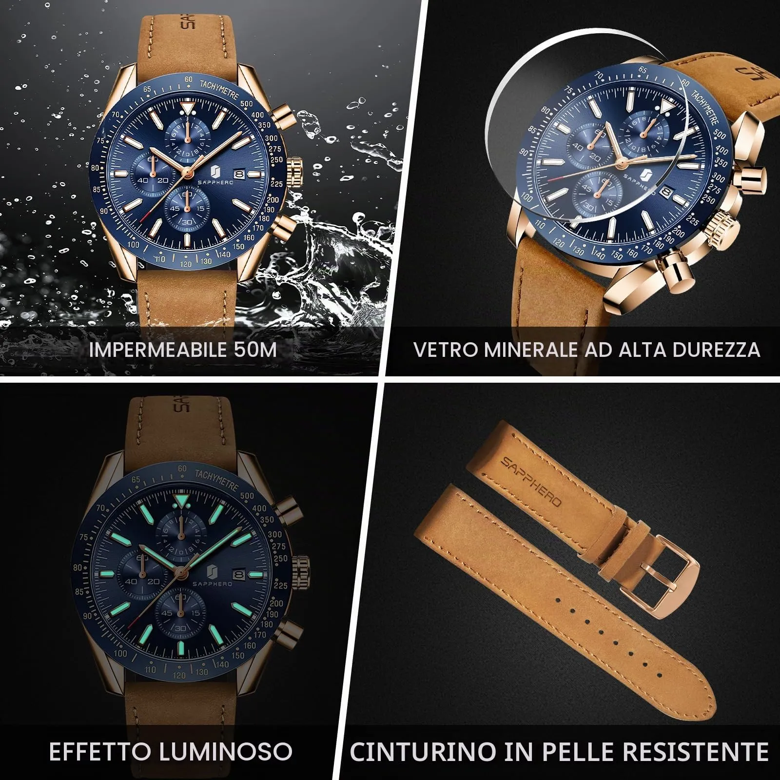 BY BENYAR Orologi da Uomo Analogico al Quarzo Cronografo Impermeabile Orologi da Uomo Business Casual Moda Classica Designer Elegante Orologio con Calendario Pelle, Cinghia - immagine 5