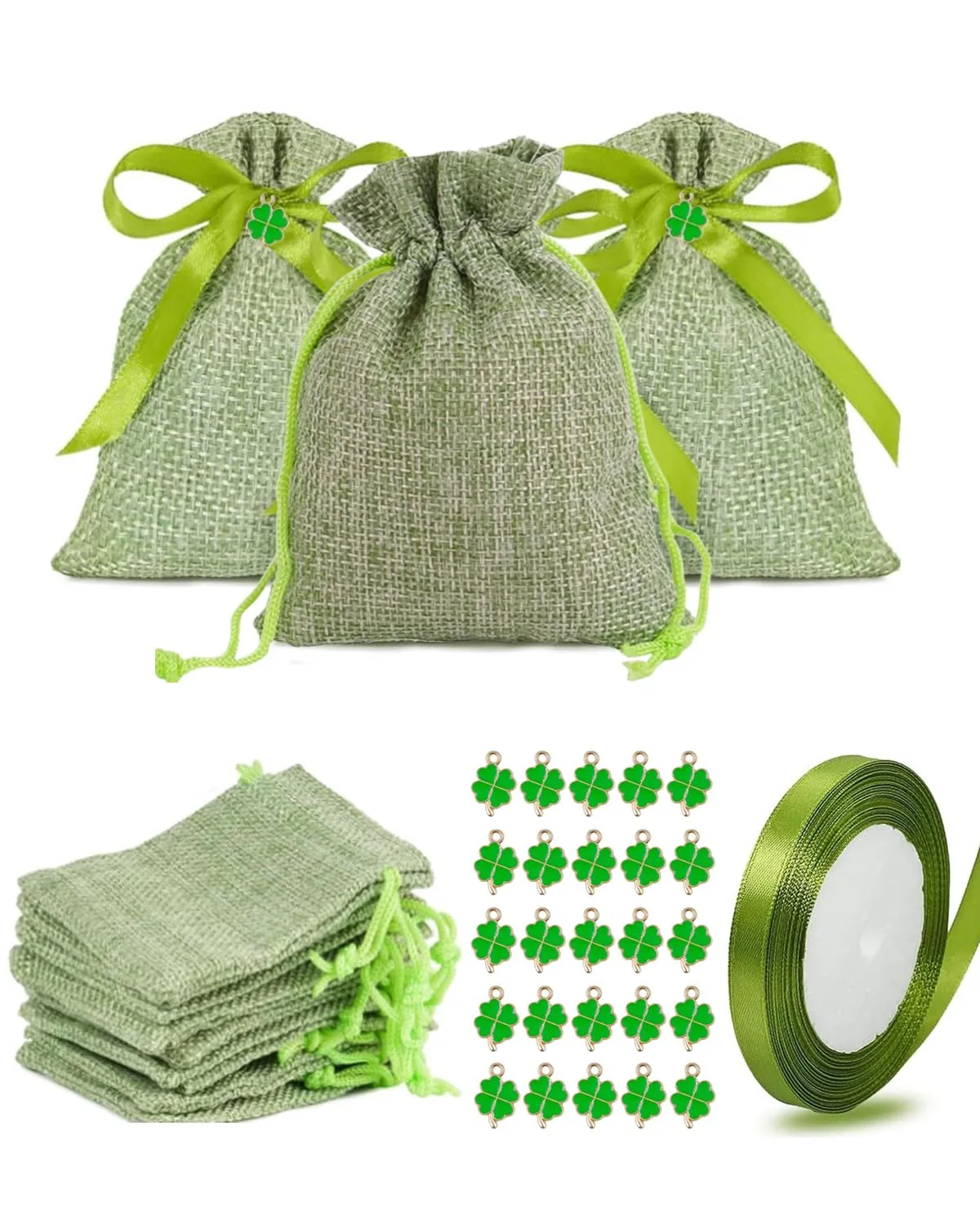 HAPZUR 30 Sacchetti Portaconfetti Verdi con Nastro e Ciondoli Trifoglio. Perfetti per Bomboniere Fai da Te: Matrimonio, Battesimo, Comunione, Compleanno - immagine 1