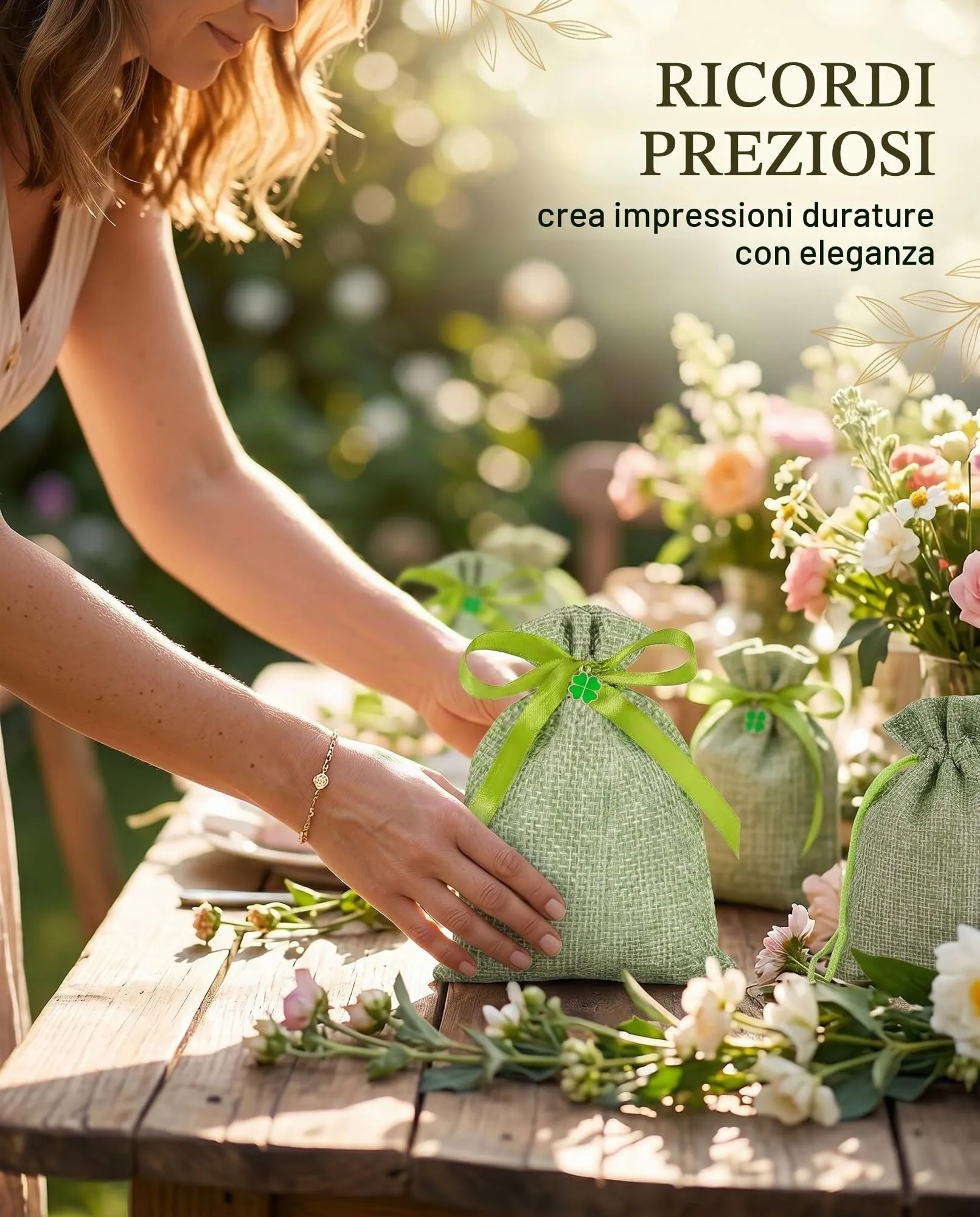 HAPZUR 30 Sacchetti Portaconfetti Verdi con Nastro e Ciondoli Trifoglio. Perfetti per Bomboniere Fai da Te: Matrimonio, Battesimo, Comunione, Compleanno - immagine 2