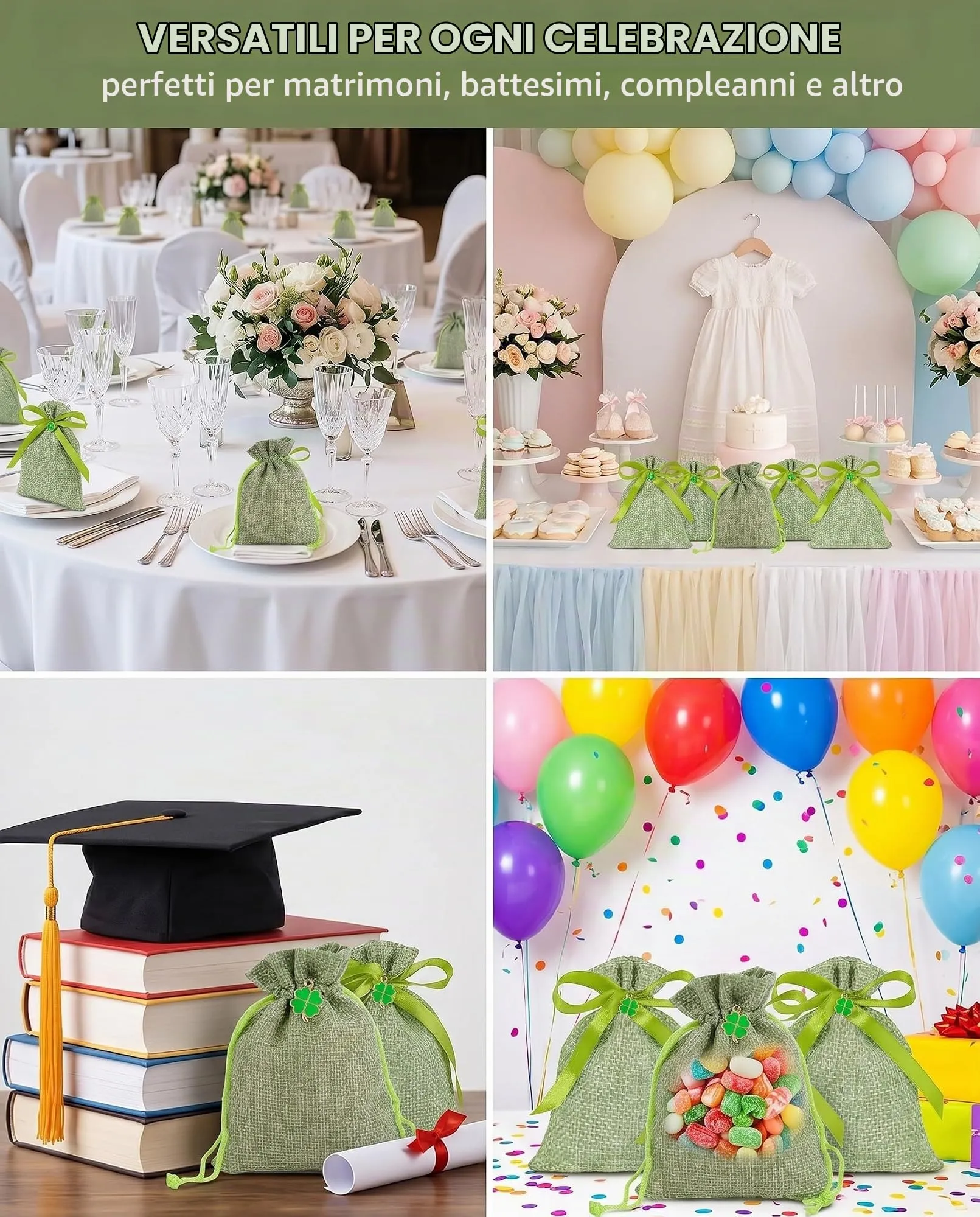HAPZUR 30 Sacchetti Portaconfetti Verdi con Nastro e Ciondoli Trifoglio. Perfetti per Bomboniere Fai da Te: Matrimonio, Battesimo, Comunione, Compleanno - immagine 3