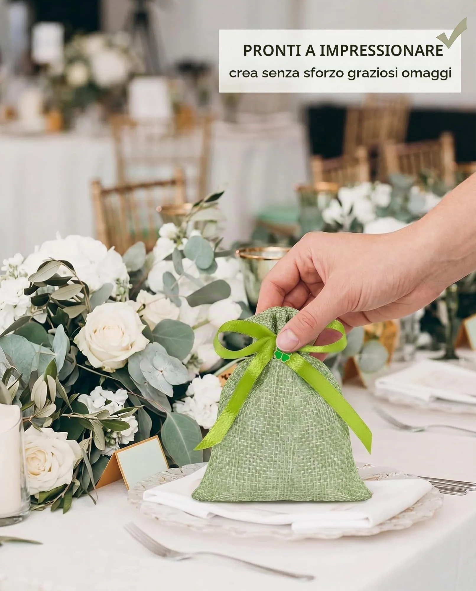 HAPZUR 30 Sacchetti Portaconfetti Verdi con Nastro e Ciondoli Trifoglio. Perfetti per Bomboniere Fai da Te: Matrimonio, Battesimo, Comunione, Compleanno - immagine 4