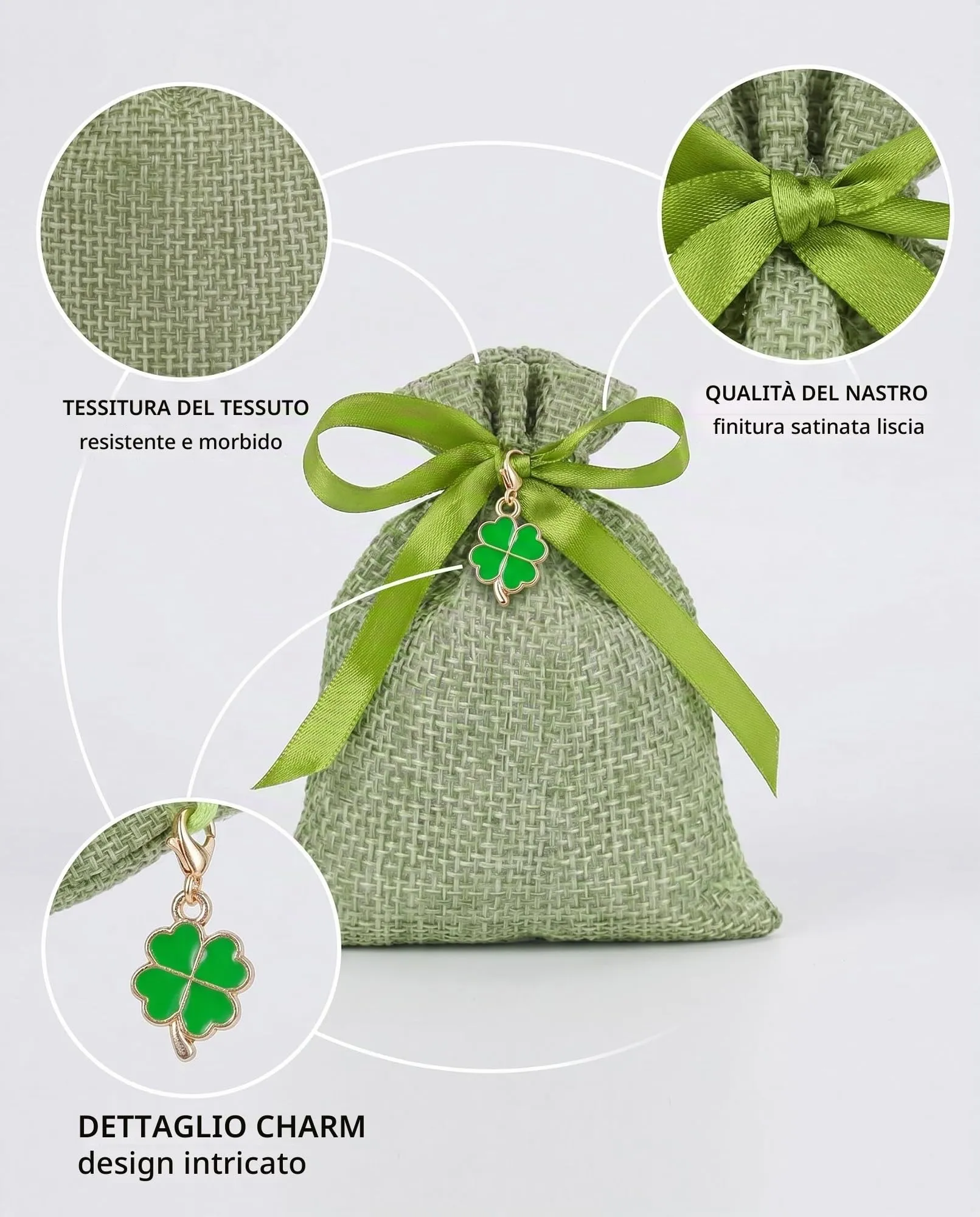 HAPZUR 30 Sacchetti Portaconfetti Verdi con Nastro e Ciondoli Trifoglio. Perfetti per Bomboniere Fai da Te: Matrimonio, Battesimo, Comunione, Compleanno - immagine 6