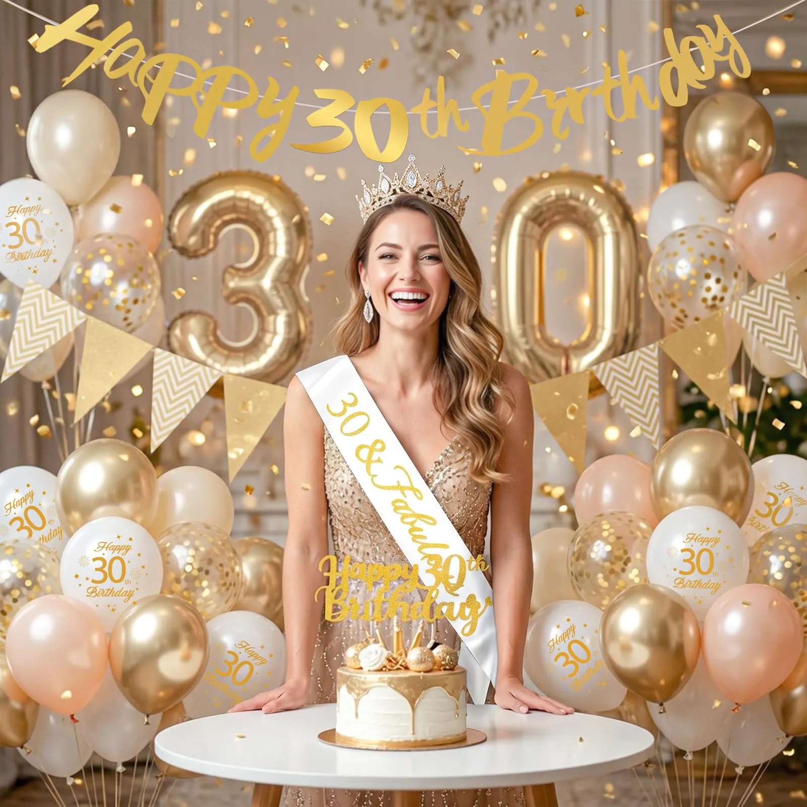 Palloncini 30 Anni Compleanno Sabbia Bianco Oro, Decorazioni Compleanno 30 Anni Donna Uomo con Palloncini Compleanno Numero 30, Striscione Happy 30th Birthday, Torta Decorazione, Festoni - immagine 2
