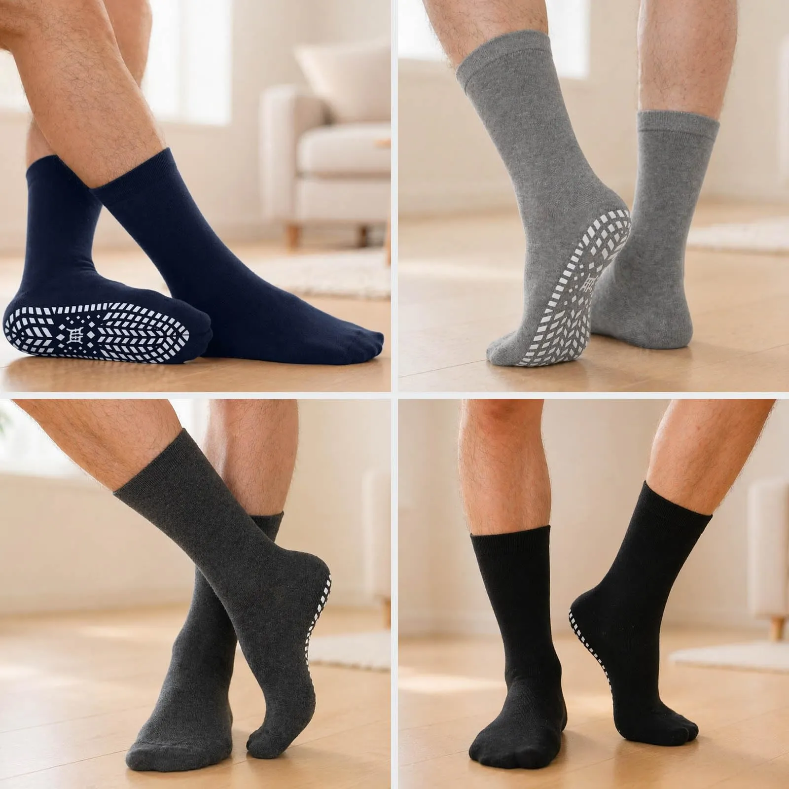 PUTUO Uomo Calze Antiscivolo in Cotone: Calzini Antiscivolo Sportivi Traspiranti con Grip in Gomma per Ciclismo Trekking Yoga e Pilates Nero 39-42 4 Paia - immagine 6