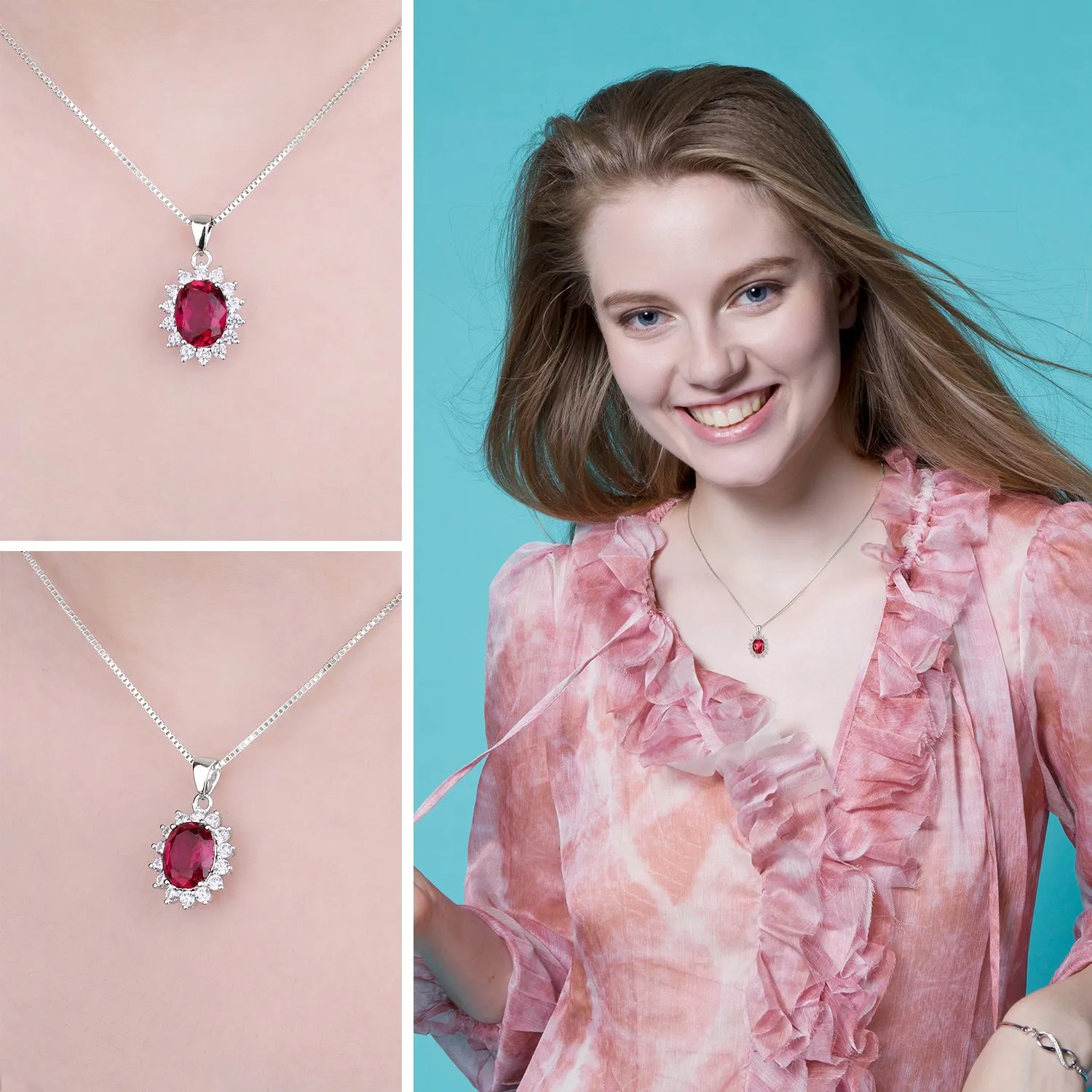 JewelryPalace 3.2ct Collana Donna Kate Middleton Argento 925 con Creato Rubino Rosso, Princess Diana William Collana Ciondolo Pietra Ovale con Catena 45cm, Collane Pendenti Set Gioielli Donna - immagine 4