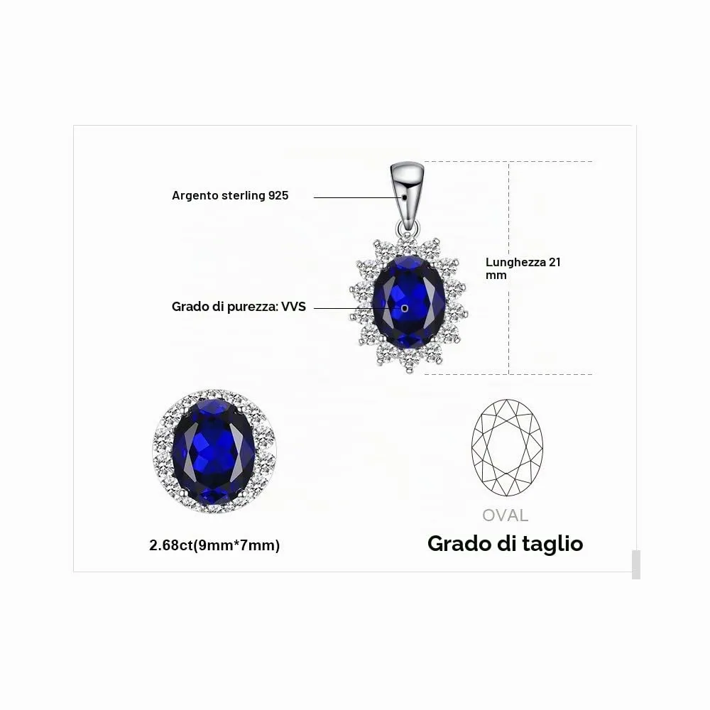JewelryPalace Ovale 3.2ct Principessa Diana William Kate Middleton's Sintetico Blu Zaffiro Pendente 925 Sterling Argento Pendente Collana 45cm - immagine 2