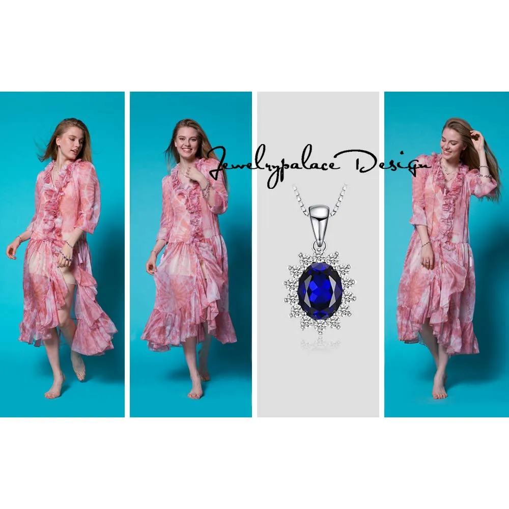 JewelryPalace Ovale 3.2ct Principessa Diana William Kate Middleton's Sintetico Blu Zaffiro Pendente 925 Sterling Argento Pendente Collana 45cm - immagine 6