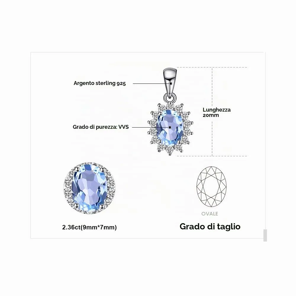 JewelryPalace 2.4ct Collana Donna Kate Middleton Argento 925 con Naturale Topazio Azzurro, Princess Diana William Collana Ciondolo Pietra Ovale con Catena 45cm, Collane Pendenti Set Gioielli Donna - immagine 2