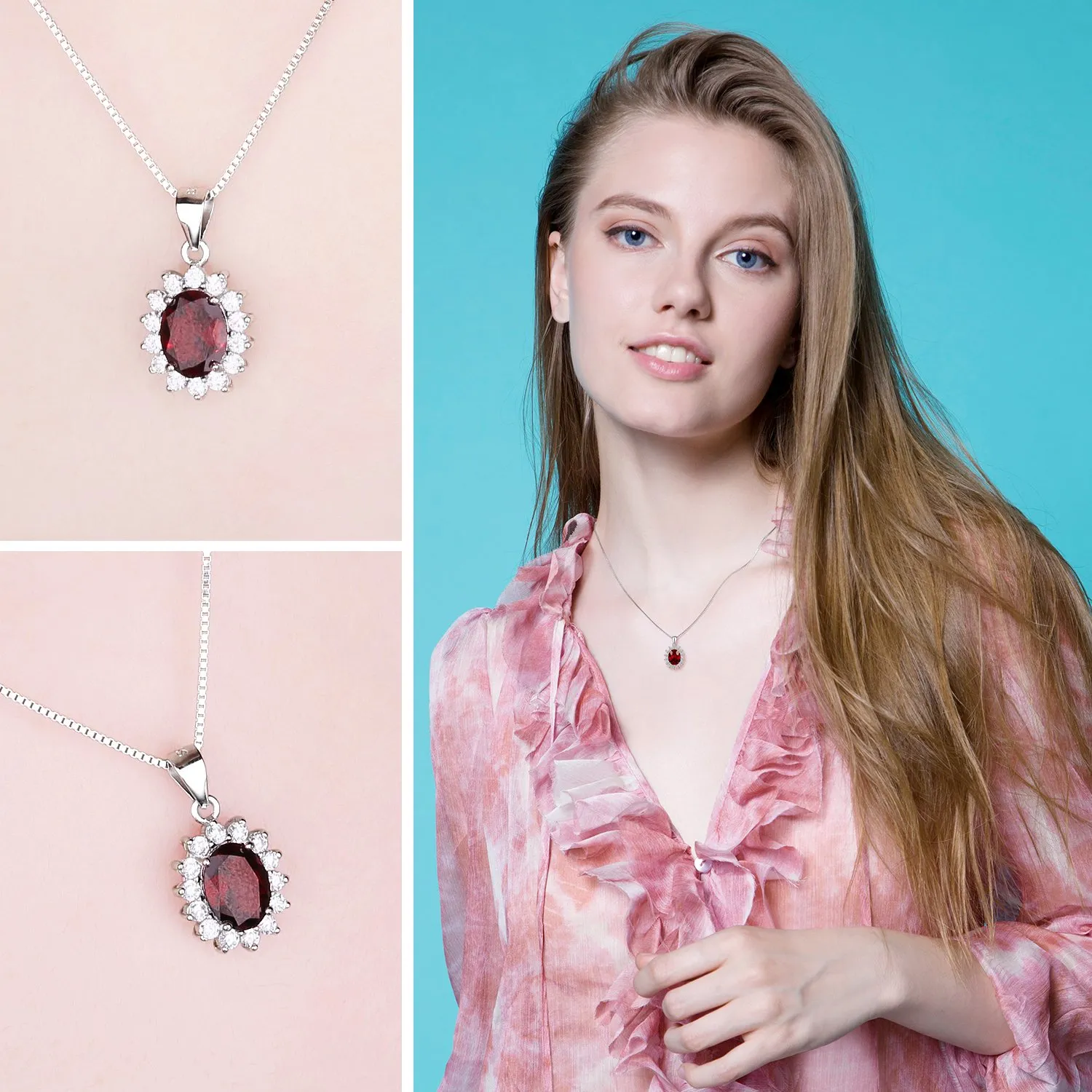 JewelryPalace 2.5ct Collana Donna Kate Middleton Argento 925 con Naturale Granato Rosso, Princess Diana William Collana Ciondolo Pietra Ovale con Catena 45cm, Collane Pendenti Set Gioielli Donna - immagine 4