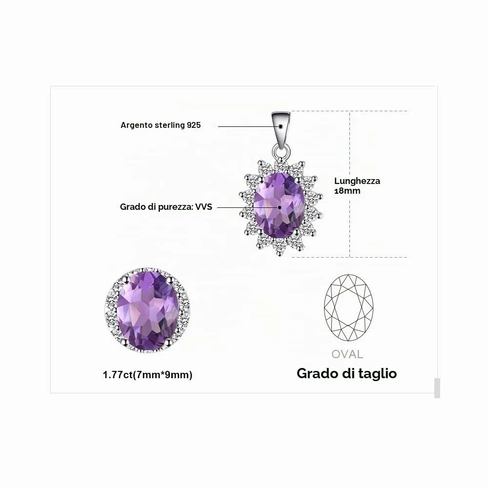 JewelryPalace 1.8ct Collana Donna Kate Middleton Argento 925 con Naturale Ametista Viola, Princess Diana William Collana Ciondolo Pietra Ovale con Catena 45cm, Collane Pendenti Set Gioielli Donna - immagine 2