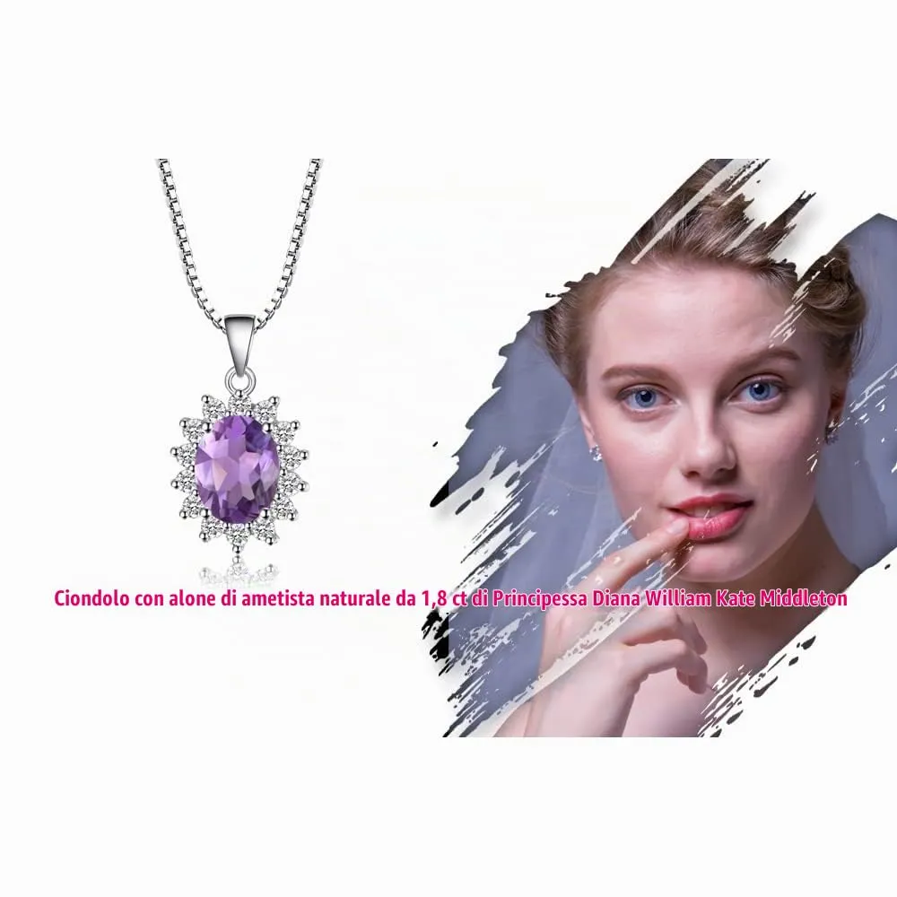 JewelryPalace 1.8ct Collana Donna Kate Middleton Argento 925 con Naturale Ametista Viola, Princess Diana William Collana Ciondolo Pietra Ovale con Catena 45cm, Collane Pendenti Set Gioielli Donna - immagine 6
