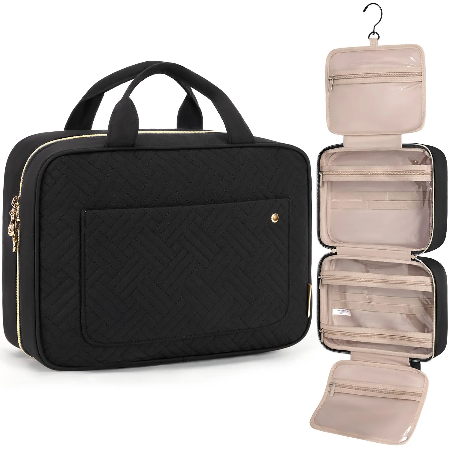 BAGSMART Beauty Case da Viaggio Borsa da Toilette per Donna Impermeabile Pochette per Trucchi Donna Appendere Nero M - immagine 1