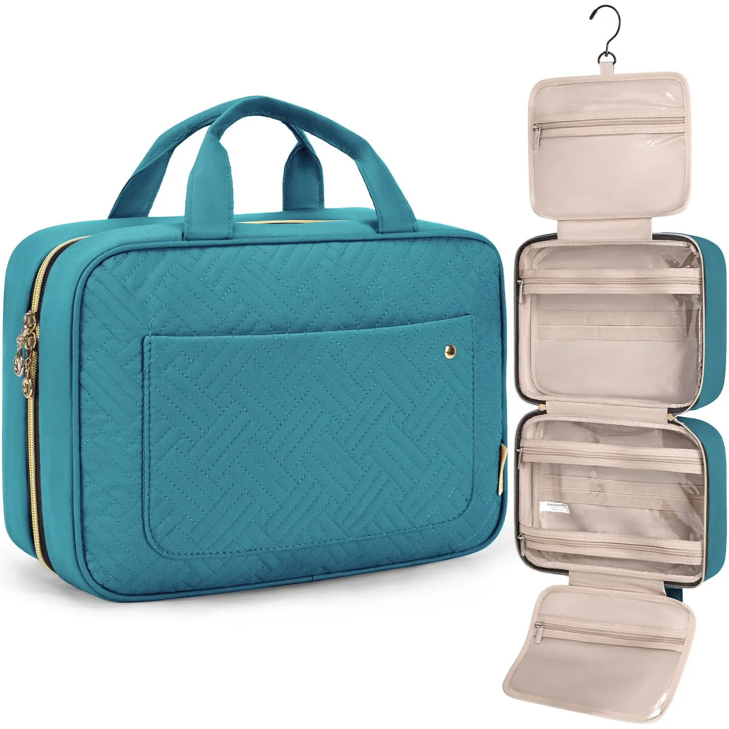 BAGSMART Beauty Case da Viaggio Borsa da Toilette per Donna Impermeabile Pochette per Trucchi Donna Appendere Blu lago M - immagine 1