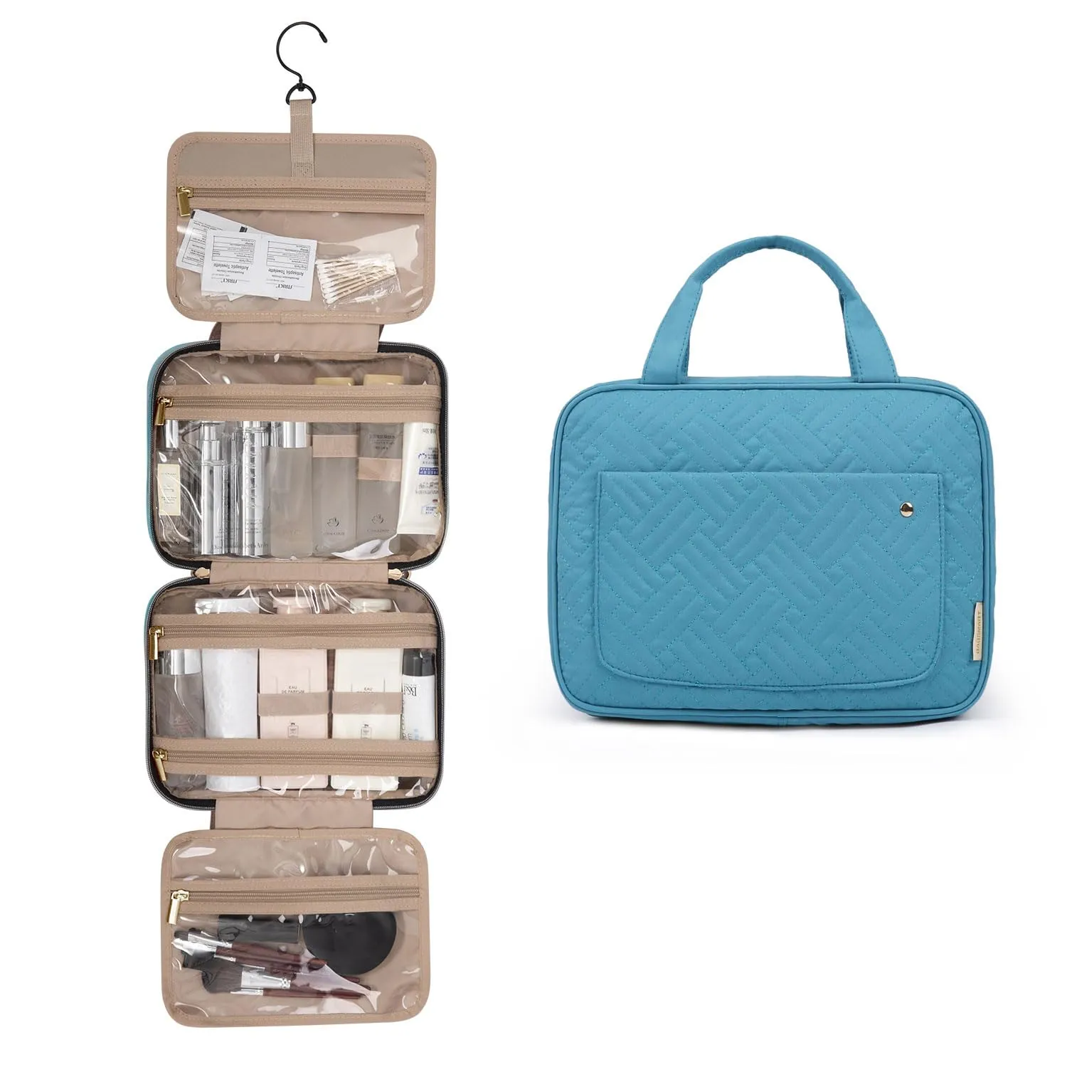 BAGSMART Beauty Case da Viaggio Borsa da Toilette per Donna Impermeabile Pochette per Trucchi Donna Appendere Blu lago M - immagine 2