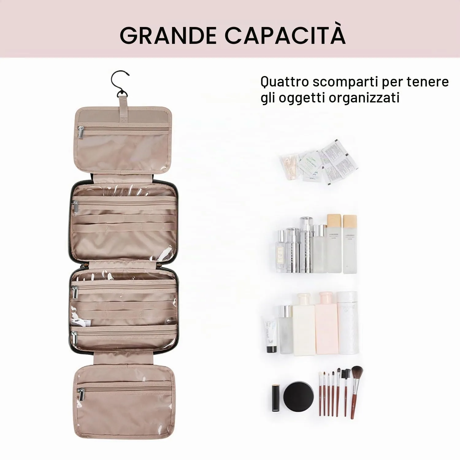 BAGSMART Beauty Case da Viaggio Borsa da Toilette per Donna Impermeabile Pochette per Trucchi Donna Appendere Nero L - immagine 2
