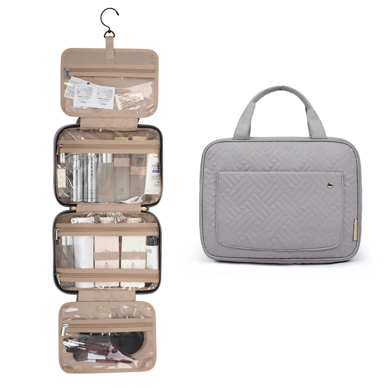 BAGSMART Beauty Case da Viaggio Borsa da Toilette per Donna Impermeabile Pochette per Trucchi Donna Appendere Grigio M - immagine 8
