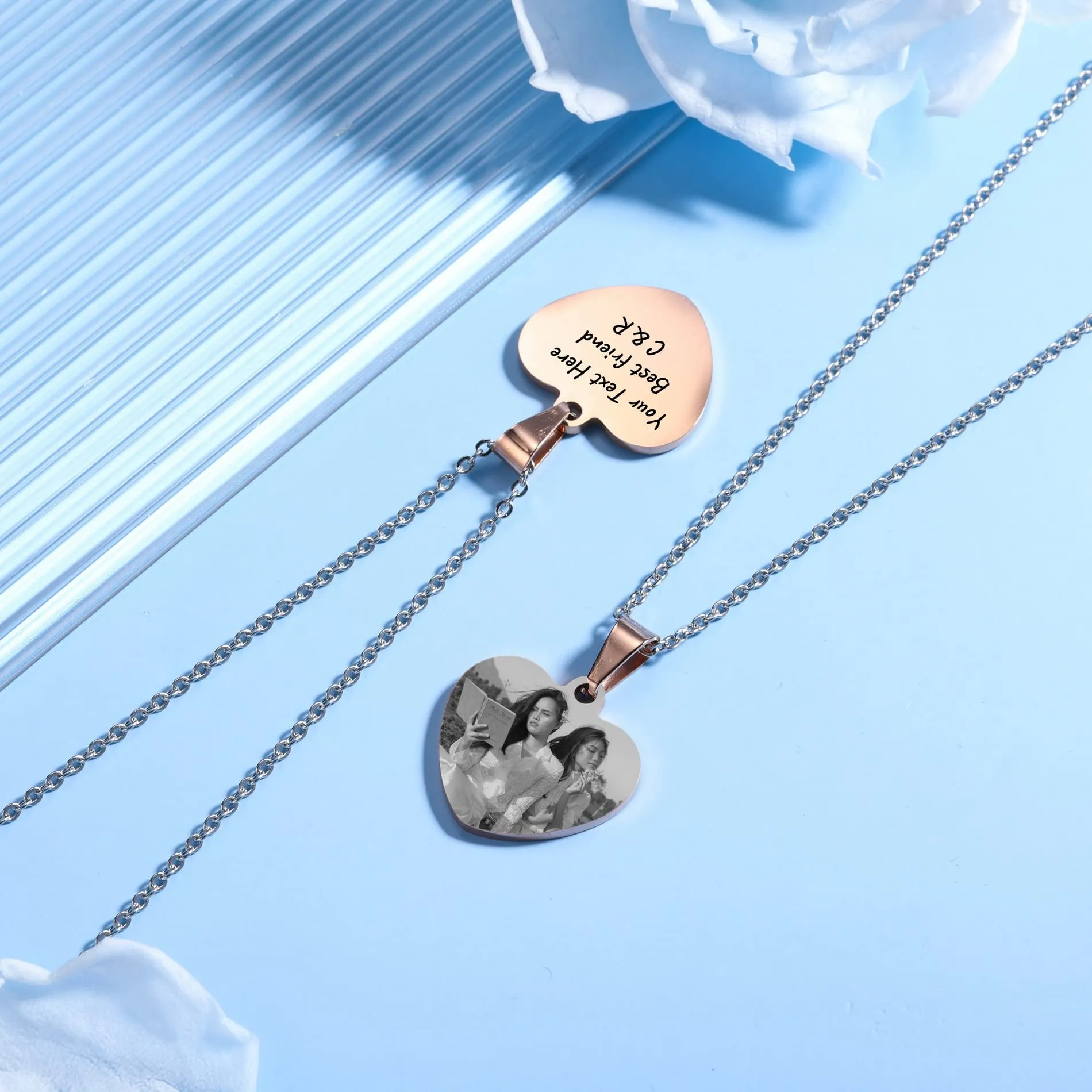 OTXIXTO Ciondolo Cuore Personalizzato per Donne Incisione Nome/Testo/Data Collana con Immagine in Bianco e Nero per Coppie dell'Acciaio Inossidabile Amanti Gioielli per Damigella d'Onore(Oro Rosa 25 - immagine 6