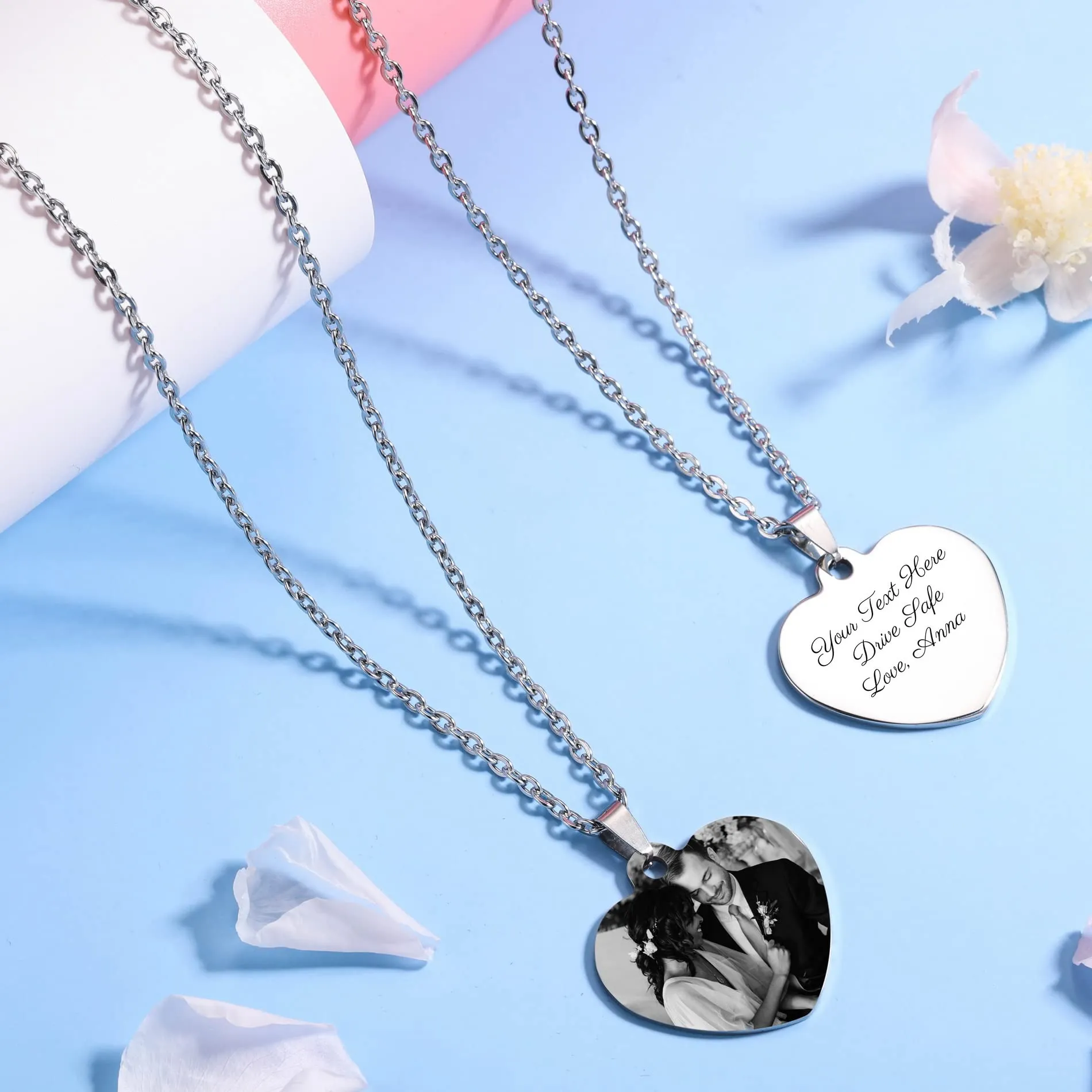 OTXIXTO Ciondolo Cuore Personalizzato per Donne Incisione Nome/Testo/Data Collana con Immagine in Bianco e Nero per Coppie dell'Acciaio Inossidabile Amanti Gioielli per Damigella d'Onore(Argento 34 - immagine 6