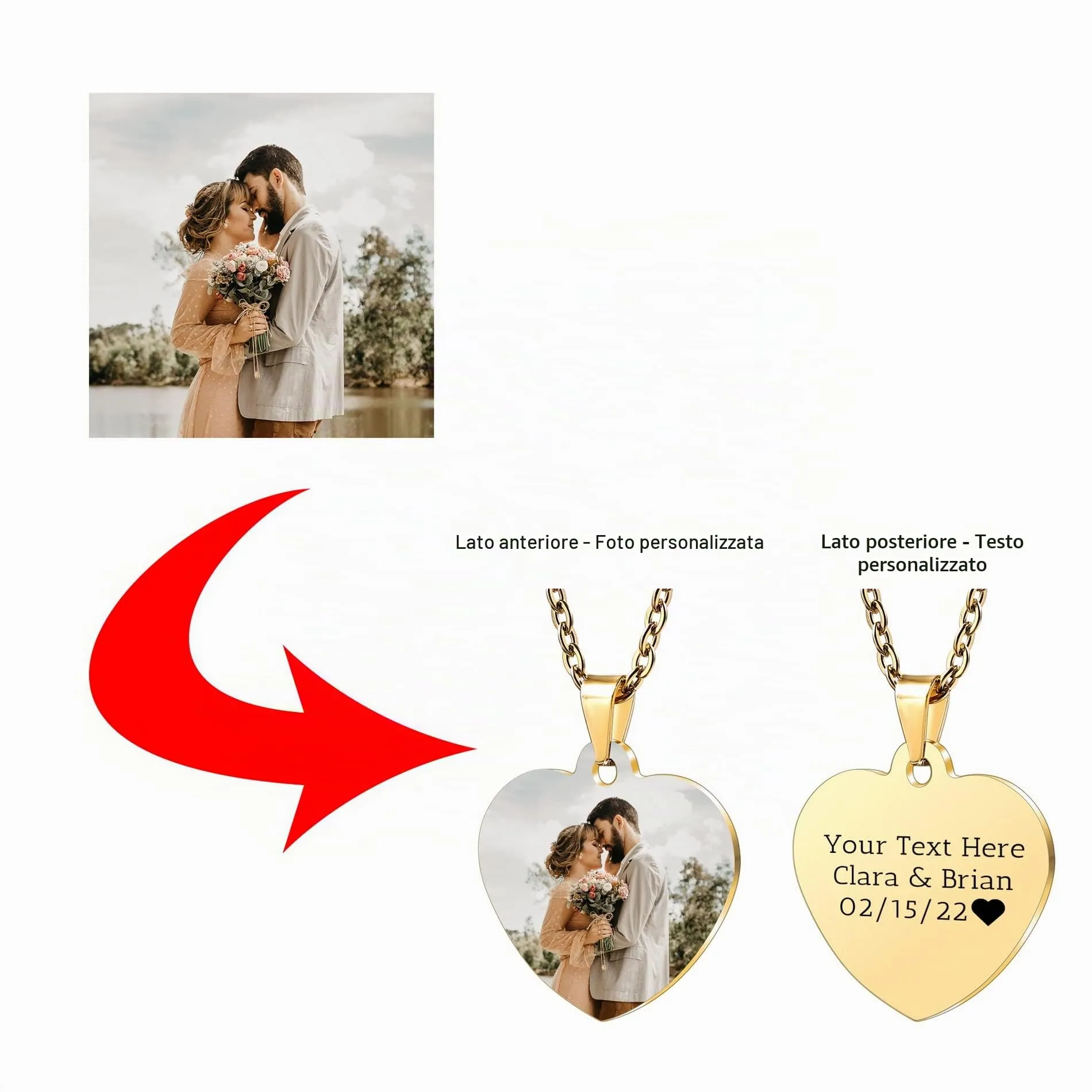 OTXIXTO Ciondolo Cuore Personalizzato per Donne Incisione Nome/Testo/Data Collana con Foto a Colori per Coppie dell'Acciaio Inossidabile Amanti Gioielli Regali per Damigella d'Onore(Oro Rosa 34 - immagine 3