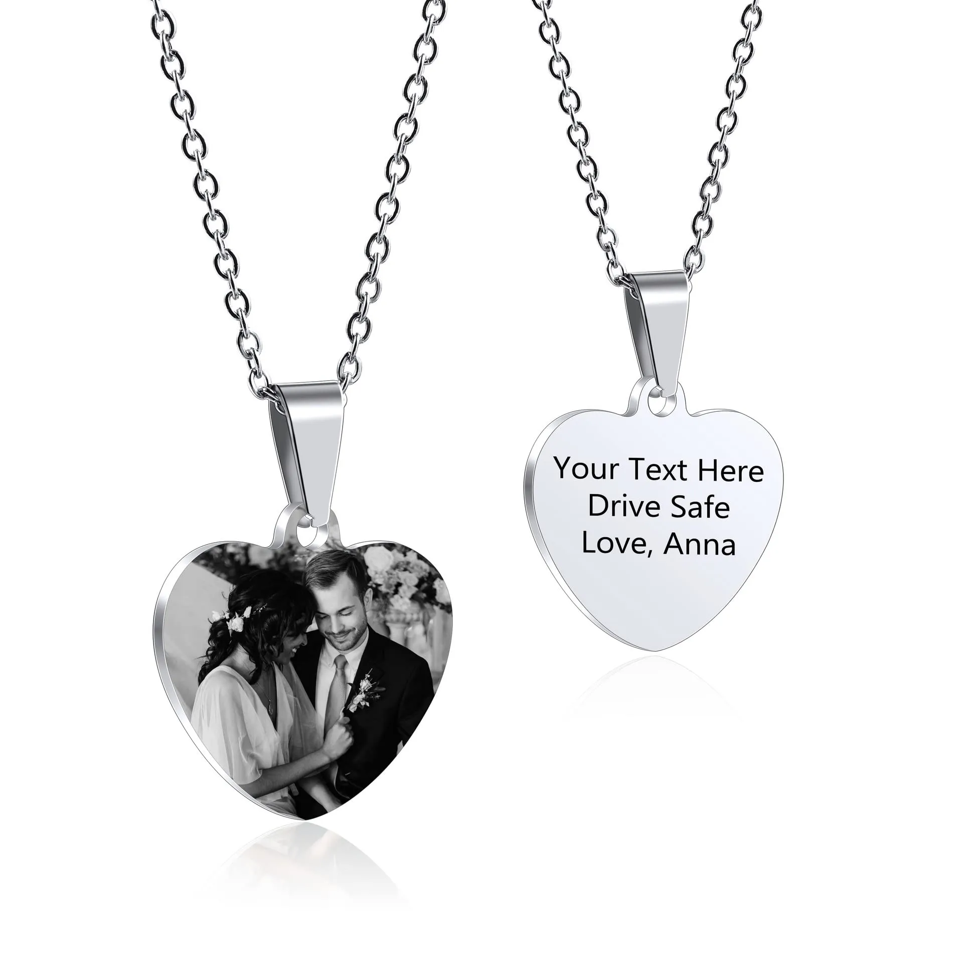 OTXIXTO Ciondolo Cuore Personalizzato per Donne Incisione Nome/Testo/Data Collana con Immagine in Bianco e Nero per Coppie dell'Acciaio Inossidabile Amanti Gioielli Regali Damigella D'onore(Argento 25 - immagine 1