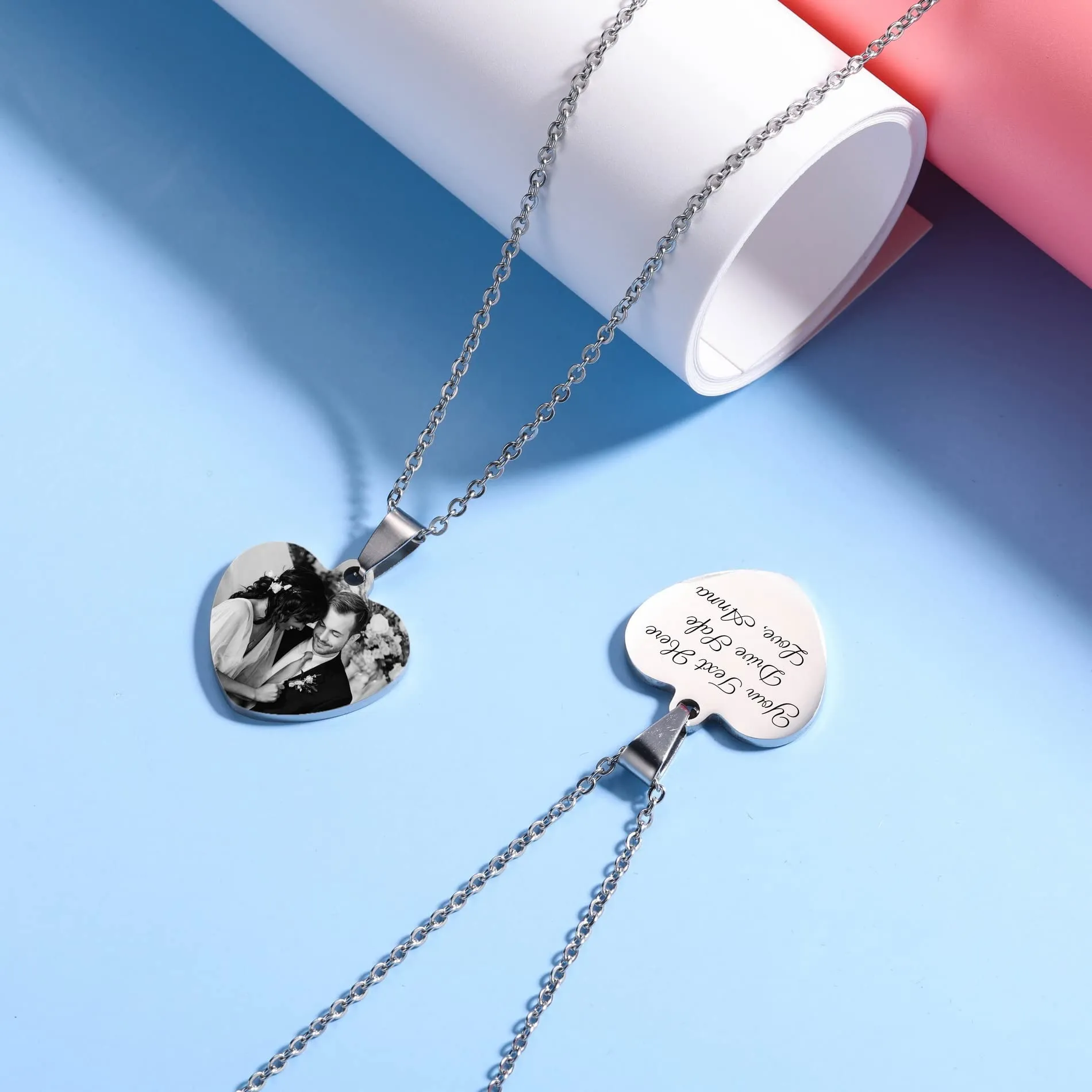 OTXIXTO Ciondolo Cuore Personalizzato per Donne Incisione Nome/Testo/Data Collana con Immagine in Bianco e Nero per Coppie dell'Acciaio Inossidabile Amanti Gioielli Regali Damigella D'onore(Argento 25 - immagine 6