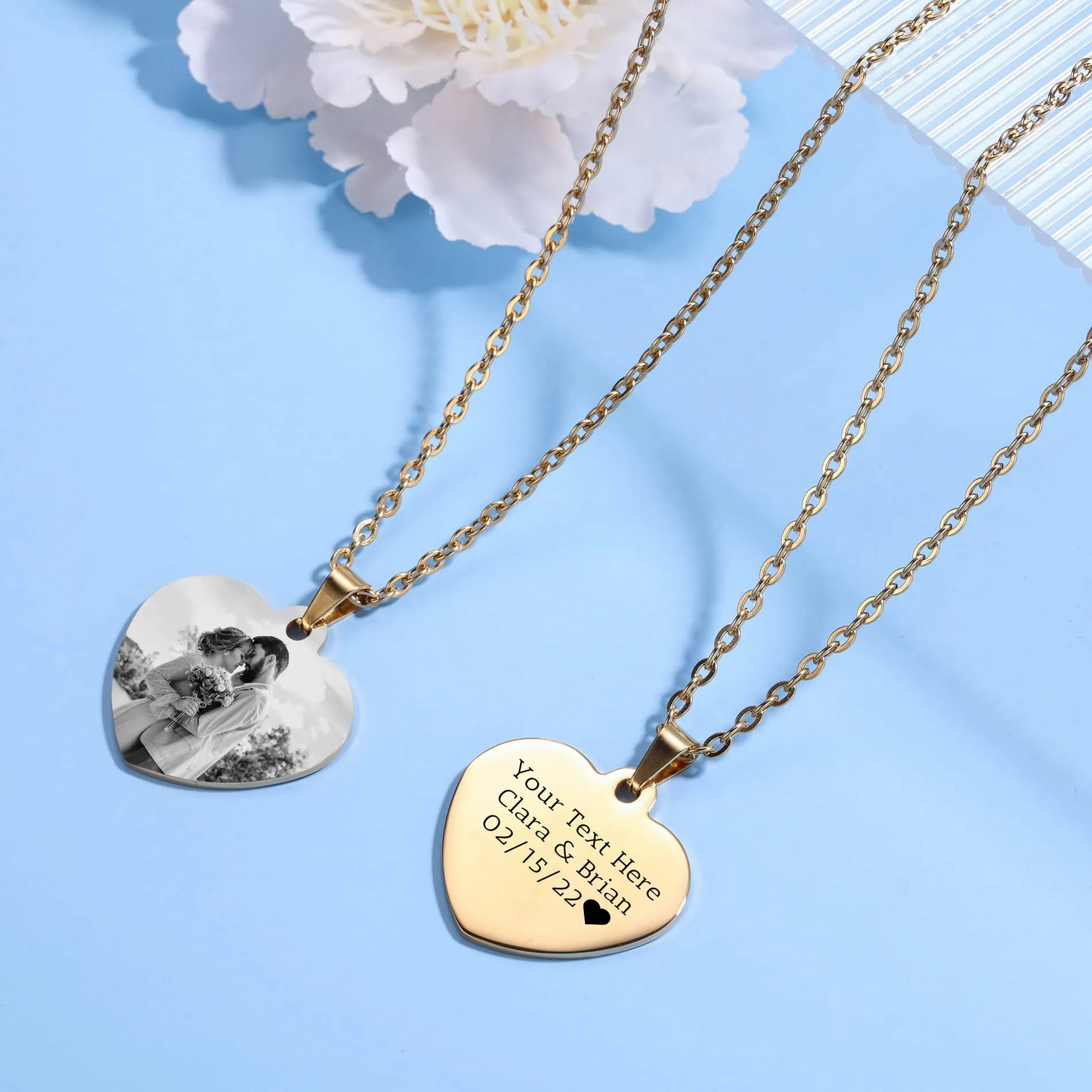 OTXIXTO Ciondolo Cuore Personalizzato per Donne Incisione Nome/Testo/Data Collana con Immagine in Bianco e Nero per Coppie dell'Acciaio Inossidabile Amanti Gioielli Regali per Damigella D'onore(Oro 34 - immagine 6