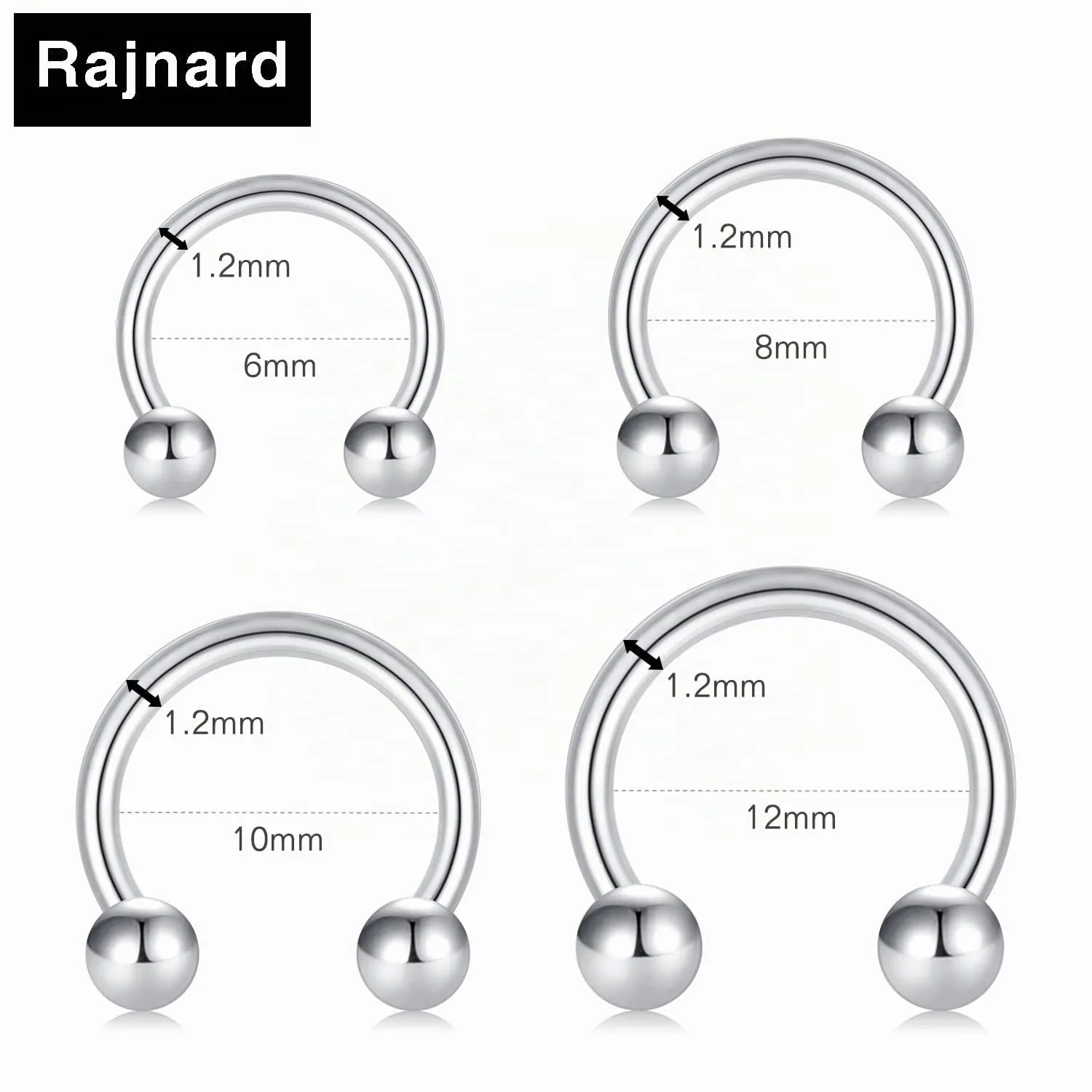 Rajnard 16G Septum Piercing Anelli Septum Labbro Acciaio Chirurgico Tragus Helix Piercing Naso Anelli 6/8/10/12mm con 8Pz Palline - immagine 2