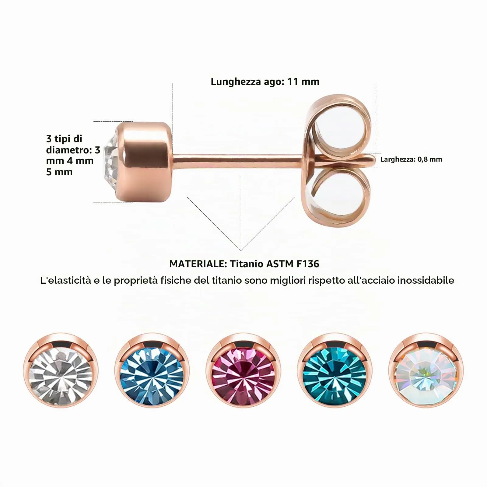 Artskin 3 paia di orecchini a perno da donna Orecchini in titanio da ragazza ipoallergenici senza nichel Orecchini in oro rosa da 5 mm - immagine 2